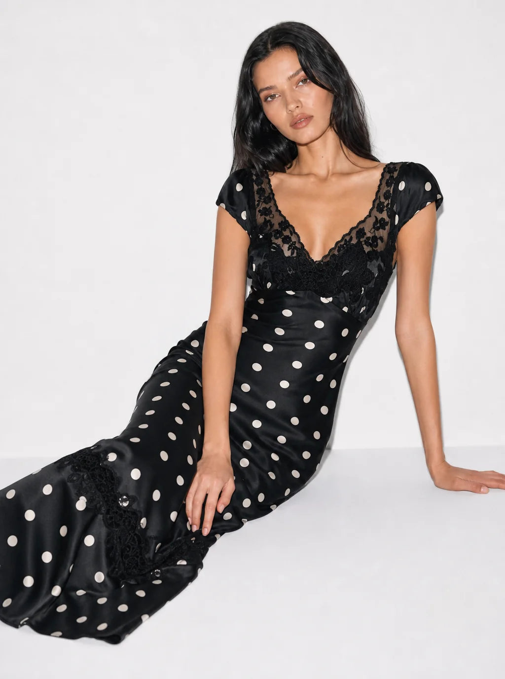 Anna Polka Dot Lace-Trim Maxi Dress