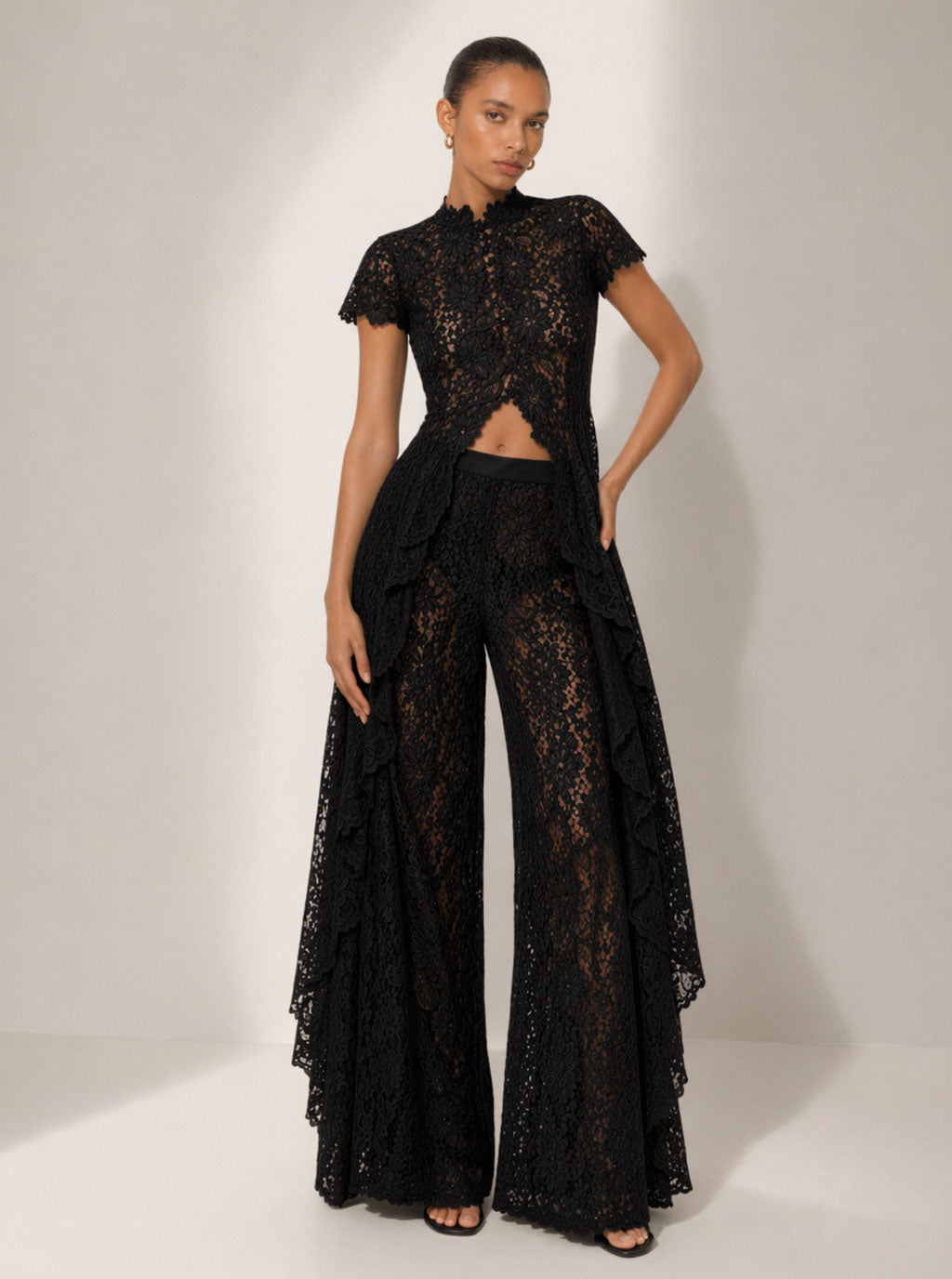 Black lace overlay top and wide-leg pants set, front view