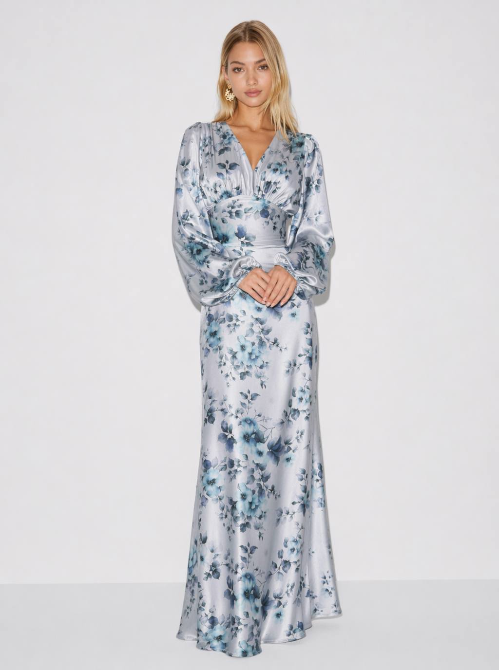 Blue floral satin-look long sleeve maxi dress, front view