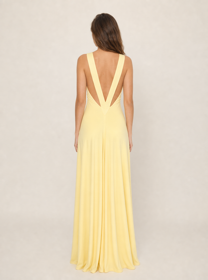 Back view of the yellow backless jersey maxi dress