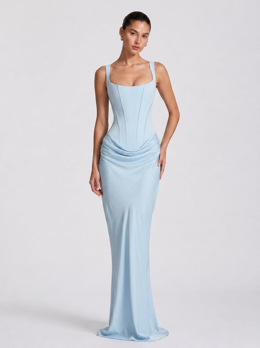 Light blue square neck draped satin-look maxi dress, front view