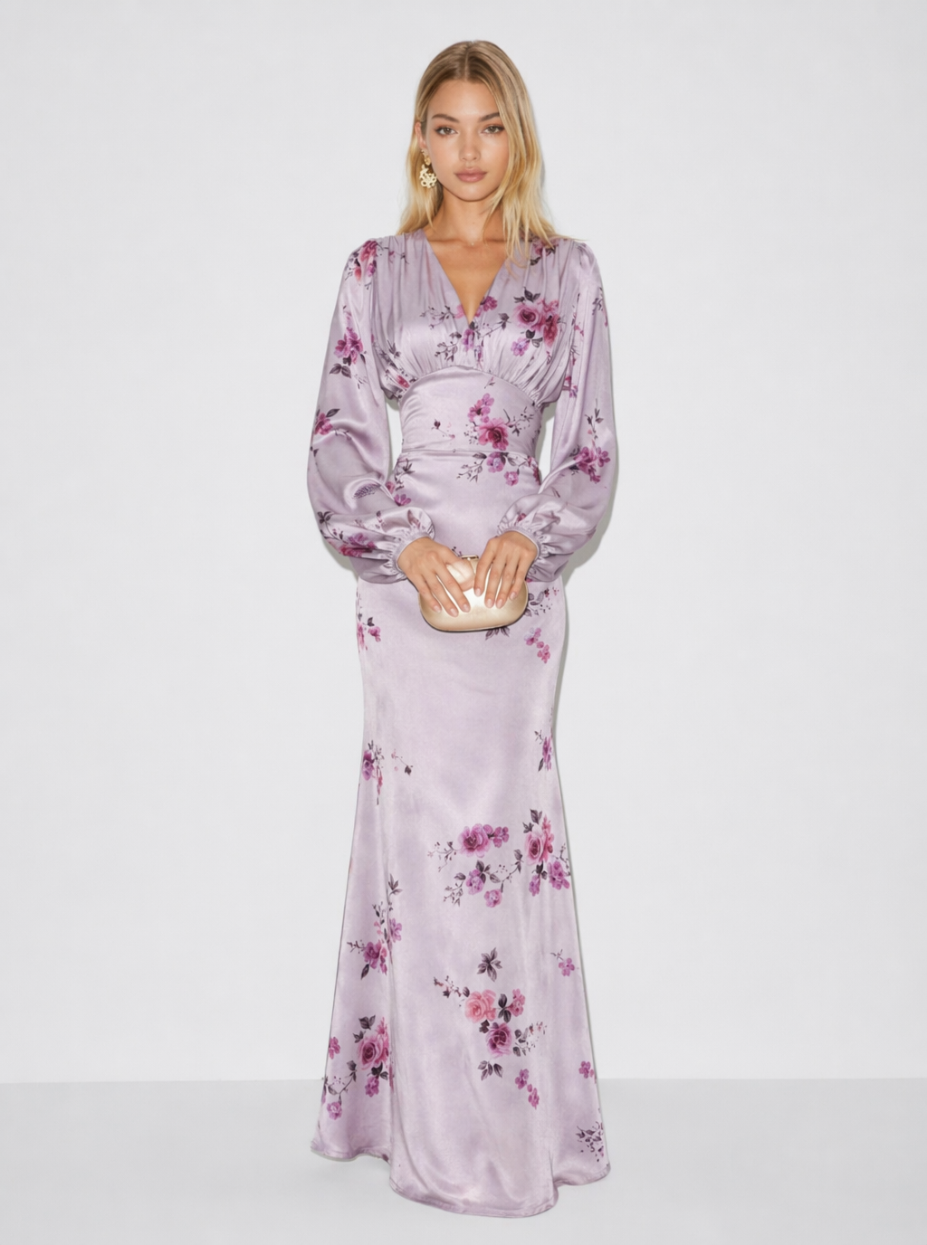Pink floral satin-look long sleeve maxi dress, front view