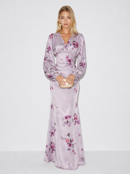 Pink floral satin-look long sleeve maxi dress, front view