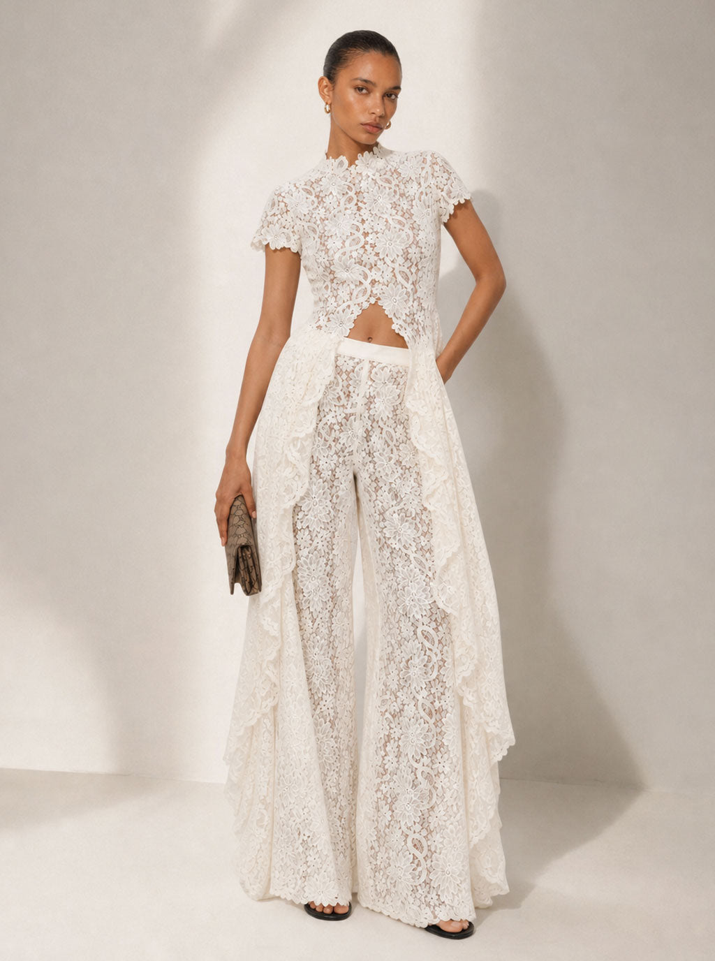 White lace overlay top and wide-leg pants set, full-length front view