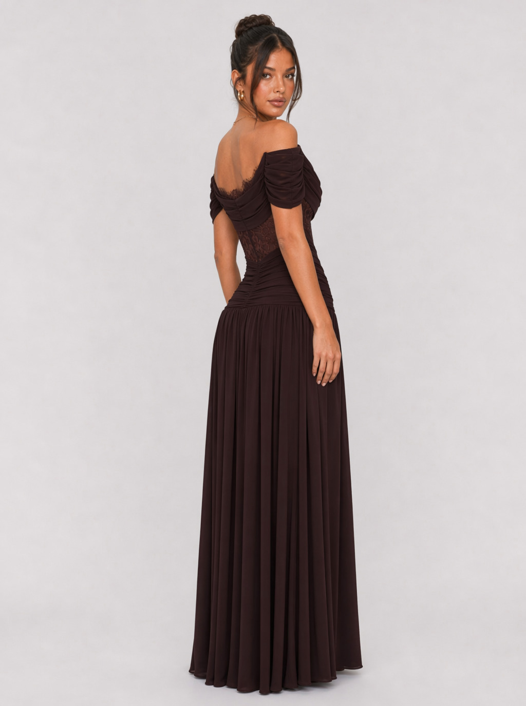 Brown off-shoulder maxi dress with draped sash, front view