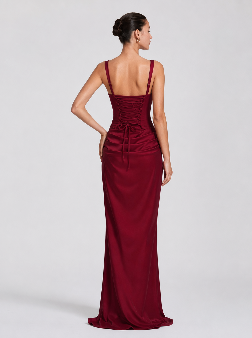 Burgundy square neck satin-look maxi dress, full-length view