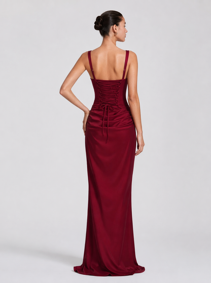 Burgundy square neck satin-look maxi dress, full-length view