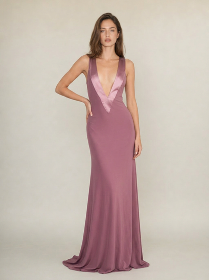 Purple plunge V-neck jersey maxi dress, front view