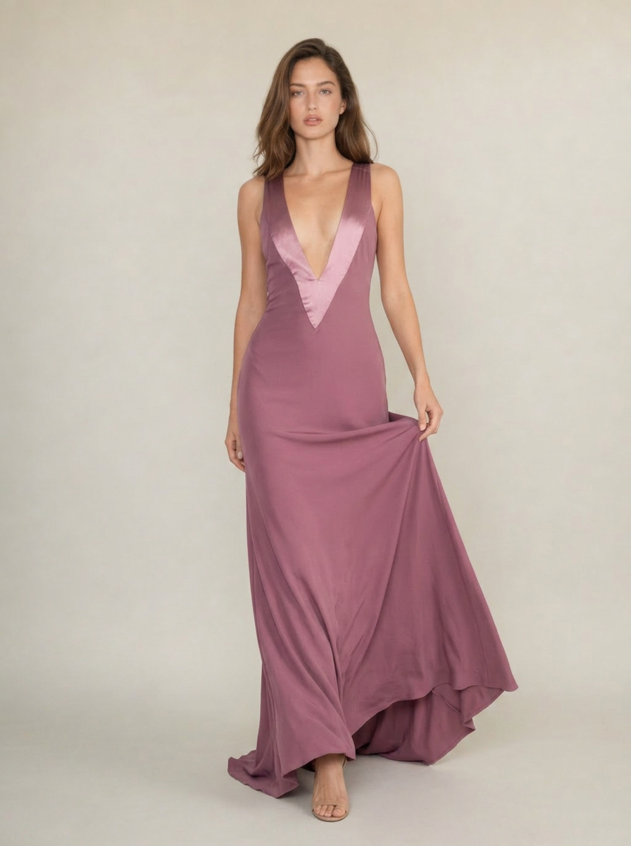 Purple backless jersey maxi dress, full-length front view