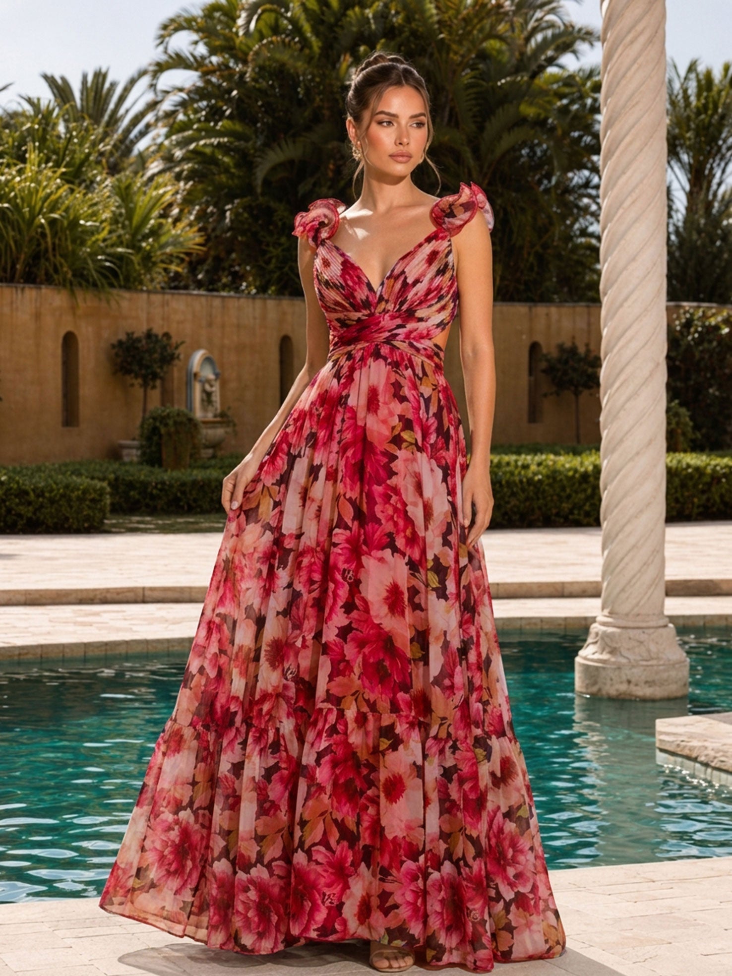 Rose watercolor floral tiered chiffon maxi dress, front view
