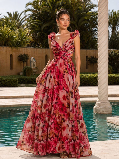 Rose watercolor floral tiered chiffon maxi dress, front view
