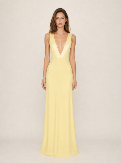 Yellow plunge V-neck jersey maxi dress, front view