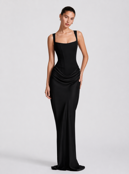 Black square neck draped satin-look maxi dress, front view