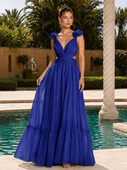 Navy blue watercolor floral tiered chiffon maxi dress, front view