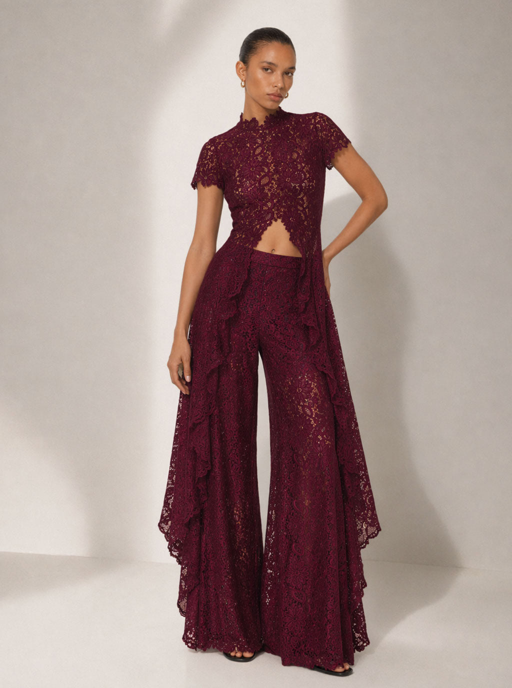 Red lace overlay top and wide-leg pants set, front view
