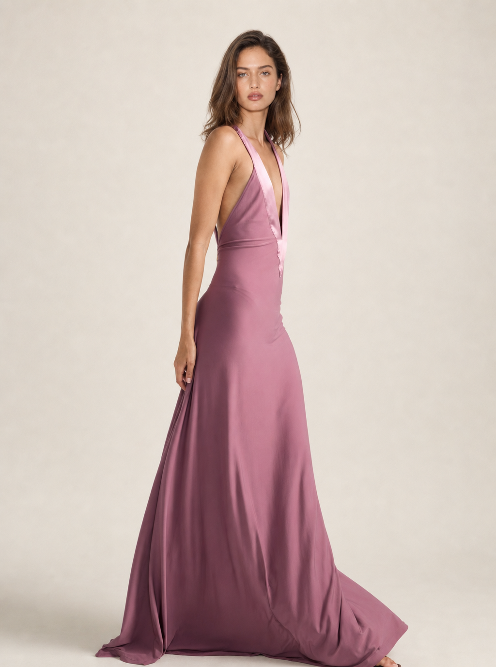 Side view of the purple plunge V-neck jersey maxi dress
