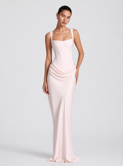 Pink square neck draped satin-look maxi dress, front view