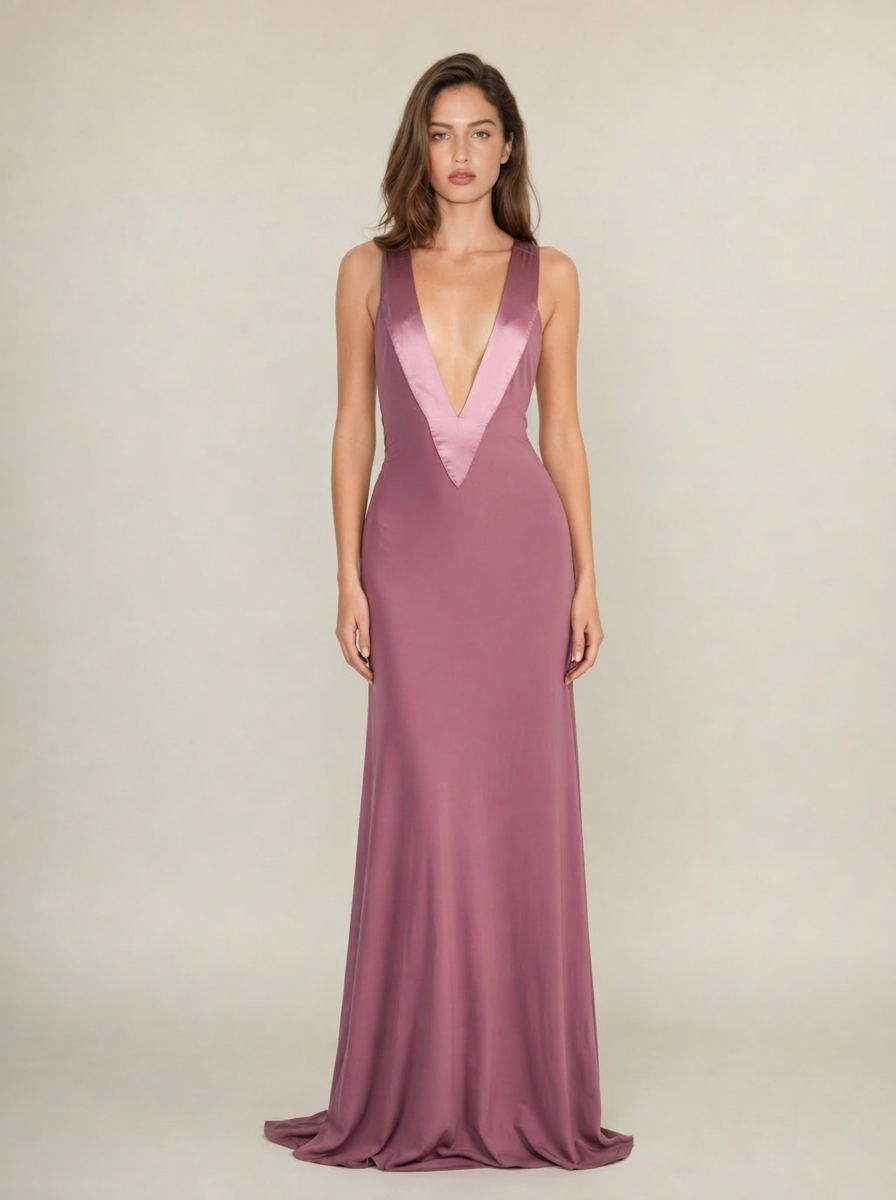 Purple jersey maxi dress showing the long draped skirt