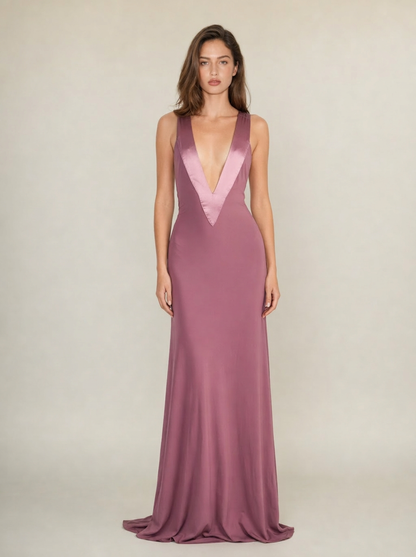 Purple jersey maxi dress showing the long draped skirt