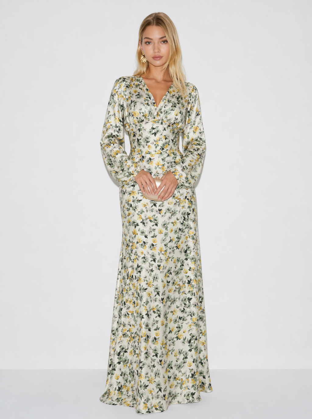 Yellow floral satin-look long sleeve maxi dress, front view