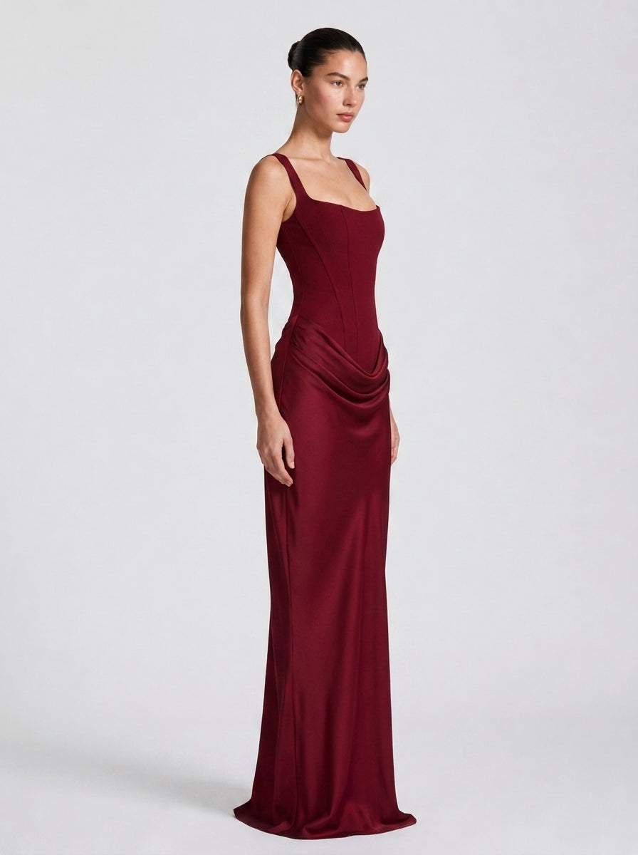 Side view of the burgundy satin-look column maxi dress