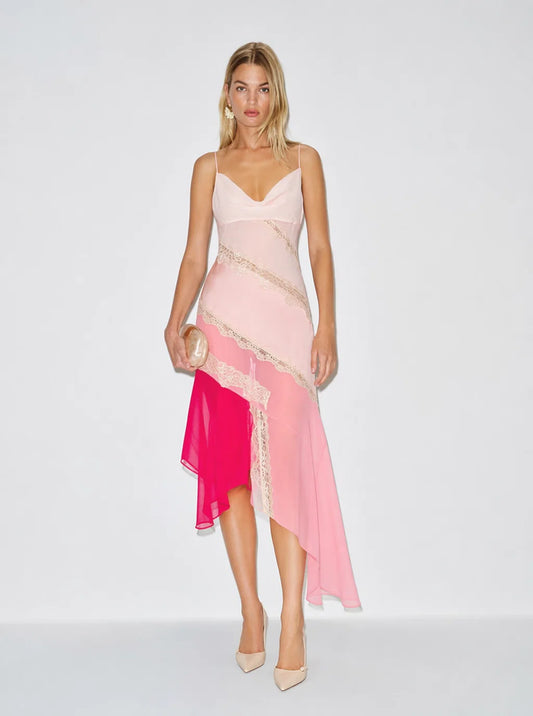 Cecily Asymmetric Lace-Panel Midi Dress