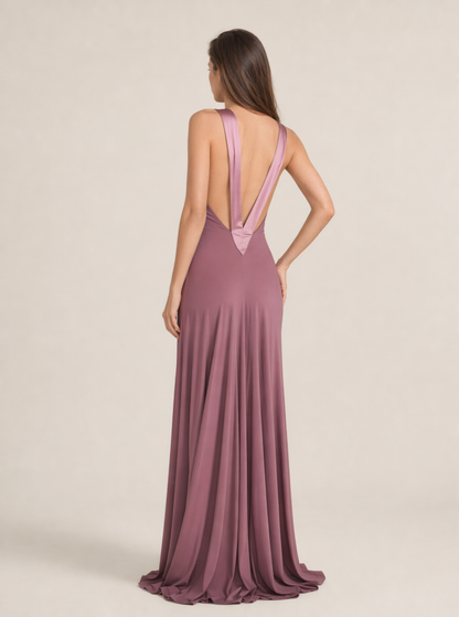 Back view of the purple jersey maxi dress with silk trim