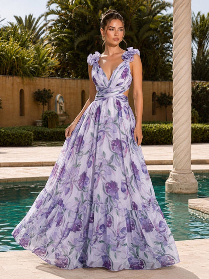 Purple watercolor floral tiered chiffon maxi dress, front view