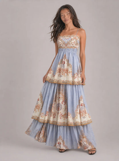 Romilly Tiered Border-Print Maxi Dress
