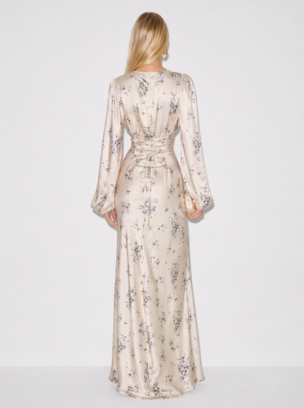 Ivory floral maxi dress with long sleeves, full-length view