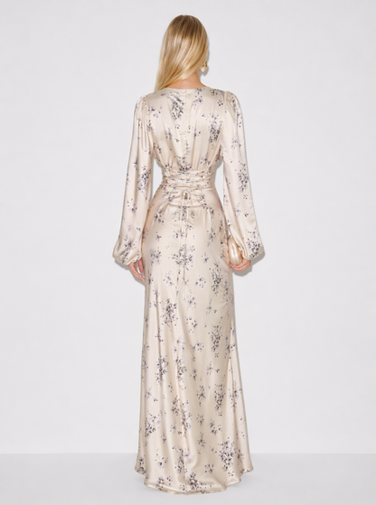 Ivory floral maxi dress with long sleeves, full-length view
