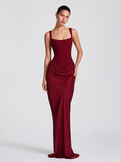 Burgundy draped satin-look maxi dress, front view