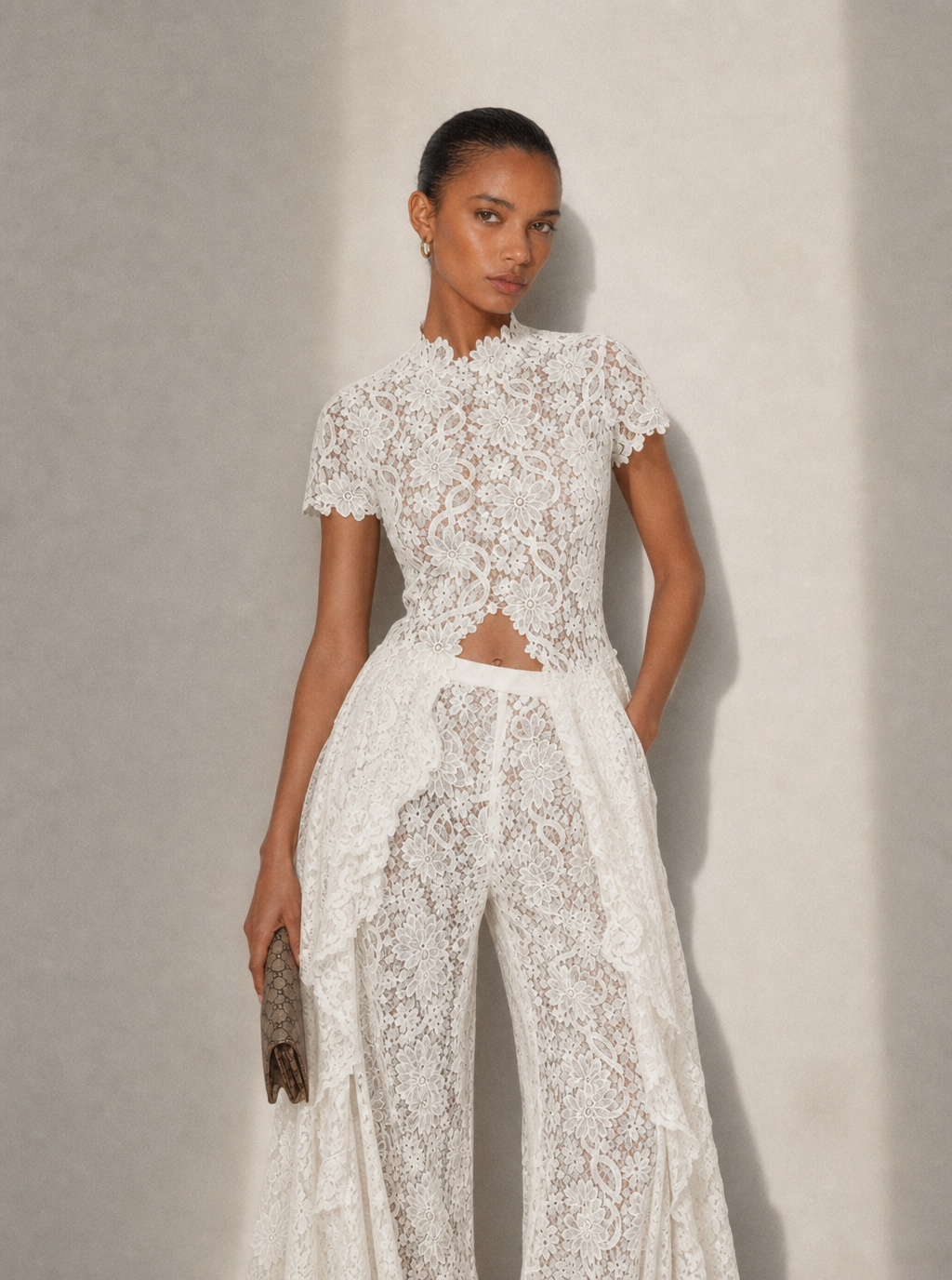 White lace set showing the cropped top and wide-leg pants
