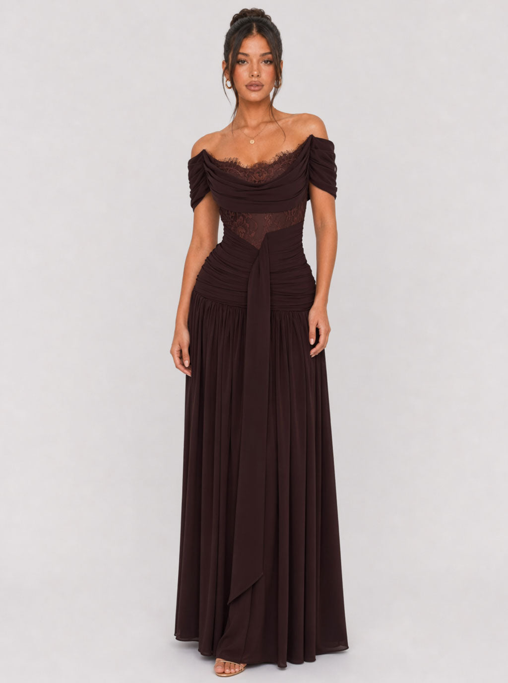 Brown lace-trim off-shoulder maxi dress, full-length front view