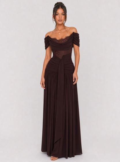 Brown lace-trim off-shoulder maxi dress, full-length front view