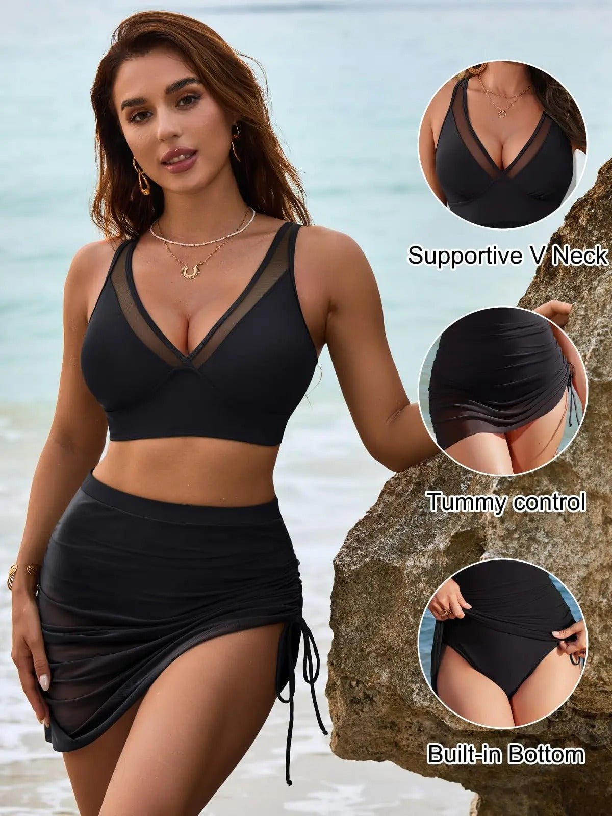 Mesh High Waisted Tummy Control Sarong Wraps Bikini Set