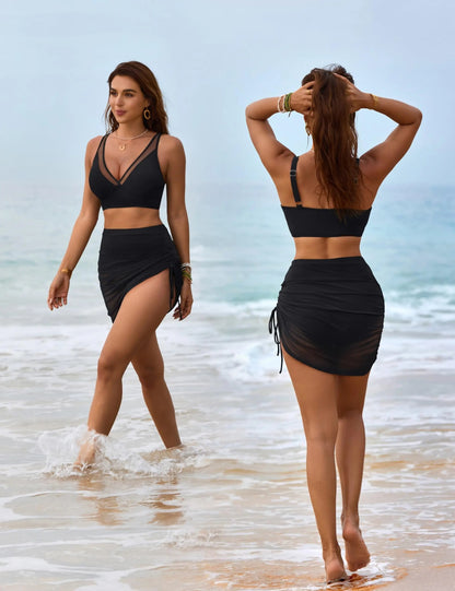 Mesh High Waisted Tummy Control Sarong Wraps Bikini Set