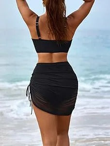 Mesh High Waisted Tummy Control Sarong Wraps Bikini Set